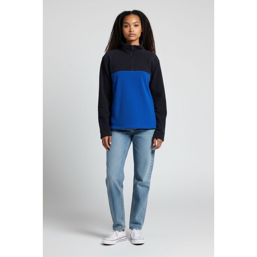Lands’ End NWT Fleece Pullover Medium Blue Colorblock Quarter Zip Unisex